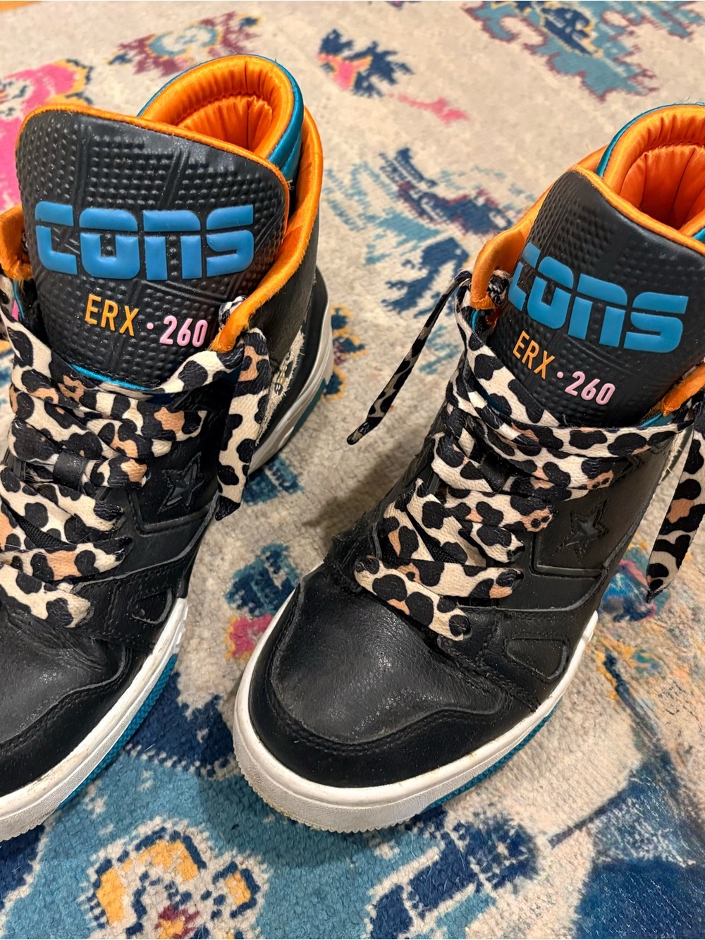 Converse Kids High-Top Sneakers in Black, Orange & Blue with Leopard Laces